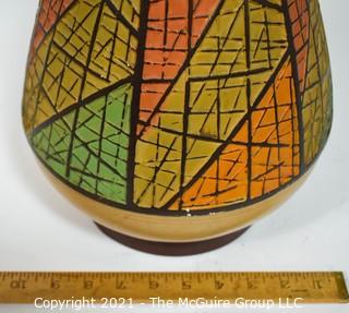 Mid Century Modern (MCM) Hand Painted Ceramic Pottery Table Lame with Turned Wood Stem, Signed and Dated Fortune Lamp, 1961