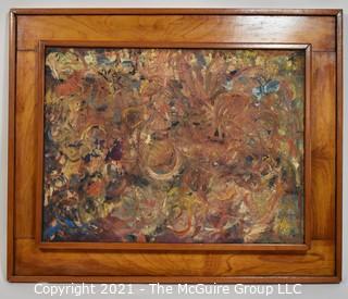 Original Abstract Mid Century Modern Oil on Canvas in 3-Dimensional Wood Frame.  On the back of the canvas it is signed Frederick Blakeslee with his address.   