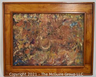 Original Abstract Mid Century Modern Oil on Canvas in 3-Dimensional Wood Frame.  On the back of the canvas it is signed Frederick Blakeslee with his address.   