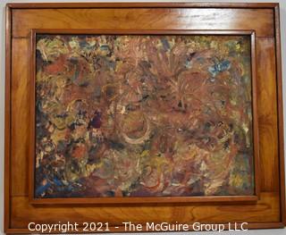 Original Abstract Mid Century Modern Oil on Canvas in 3-Dimensional Wood Frame.  On the back of the canvas it is signed Frederick Blakeslee with his address.   