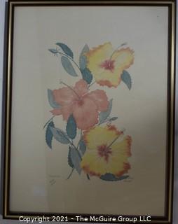 Framed Under Glass "Hibiscus" Print, Signed and Numbered by Artist Pat Moran.   Measures approximately 25" x 19".