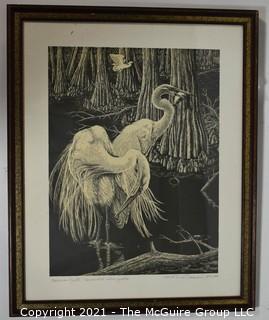 Framed Under Glass Black & White Lithograph Print of American Egrets Pencil Signed and Numbered by Artist Dick Bernard.  