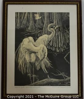 Framed Under Glass Black & White Lithograph Print of American Egrets Pencil Signed and Numbered by Artist Dick Bernard.  