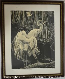 Framed Under Glass Black & White Lithograph Print of American Egrets Pencil Signed and Numbered by Artist Dick Bernard.  