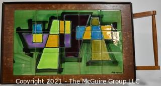 Mid Century Modern Tile Art Framed in Wood Tray with Handle Signed by Artist.  Measures approximately 30" x 16".