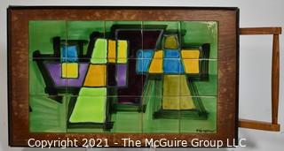 Mid Century Modern Tile Art Framed in Wood Tray with Handle Signed by Artist.  Measures approximately 30" x 16".