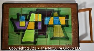 Mid Century Modern Tile Art Framed in Wood Tray with Handle Signed by Artist.  Measures approximately 30" x 16".