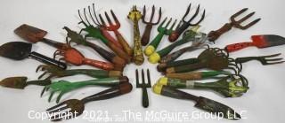 Collection of Vintage Gardening Tools in Bright Colors.  