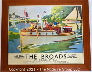 Framed Under Glass "The Broads, It's Quicker By Rail"  Norfolk Broads Railway Poster.  Measures approximately 23" x 27".