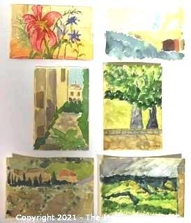 Set of 6 Small Original Unframed Watercolors by Local Artist.  Each Measures approximately 4" x 6".  