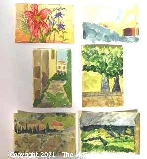 Set of 6 Small Original Unframed Watercolors by Local Artist.  Each Measures approximately 4" x 6".  