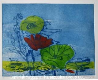 Original Unframed Color Print by Joan Miller Linsley (American, 1922-2000). Lotus #2 Signed and Dated 1973. Measures approximately 25" x 20".