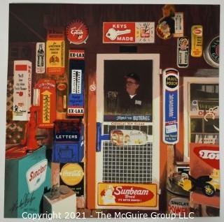 Unframed "Sign Man" Summer Shade, KY Serigraph Signed and Numbered on Woven Paper, Part of Backroads America Series by Michael Judge with Certificate of Authorization. Measures approximately 13" x 13".