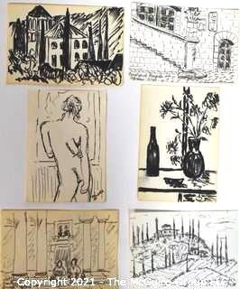 Set of 6 Small Original Unframed Black & White Pen and Ink by Local Artist.  Each Measures approximately 4" x 6".  