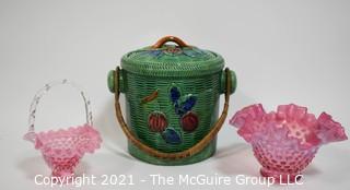 Made in Japan Porcelain Hand Painted Biscuit Jar with Hand and Two Pink Hobnail Glass Ruffle Glass Candy Bowls.