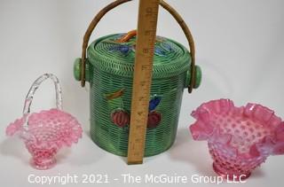 Made in Japan Porcelain Hand Painted Biscuit Jar with Hand and Two Pink Hobnail Glass Ruffle Glass Candy Bowls.