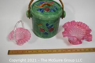 Made in Japan Porcelain Hand Painted Biscuit Jar with Hand and Two Pink Hobnail Glass Ruffle Glass Candy Bowls.