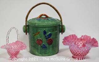 Made in Japan Porcelain Hand Painted Biscuit Jar with Hand and Two Pink Hobnail Glass Ruffle Glass Candy Bowls.