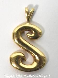 "S" Pendant or Charm in 14kt Gold (unmarked, but tested). Measures approximately 1" tall and weighs 2.1g.