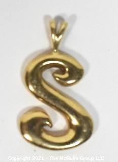 "S" Pendant or Charm in 14kt Gold (unmarked, but tested). Measures approximately 1" tall and weighs 2.1g.