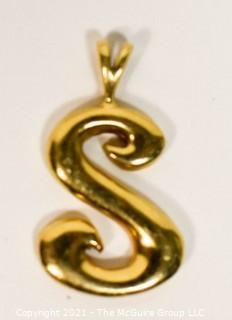 "S" Pendant or Charm in 14kt Gold (unmarked, but tested). Measures approximately 1" tall and weighs 2.1g.