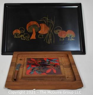 Ernest John (tm) walnut cheese board w/knife and wooden serving tray with mushroom motif (wood intarsia) 