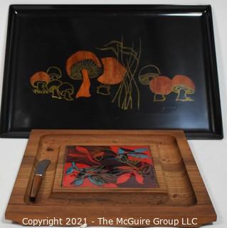 Ernest John (tm) walnut cheese board w/knife and wooden serving tray with mushroom motif (wood intarsia) 