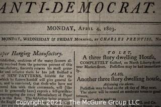 1803 "Republican; or, Anti-Democrat" Newspaper; published by Charles Prentiss, Baltimore