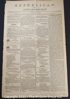 1803 "Republican; or, Anti-Democrat" Newspaper; published by Charles Prentiss, Baltimore