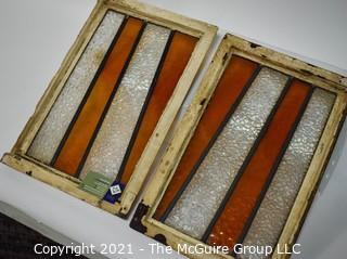 Pair of Matching Recovered Stained Glass Window Panes in Metal Frames