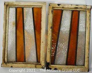 Pair of Matching Recovered Stained Glass Window Panes in Metal Frames