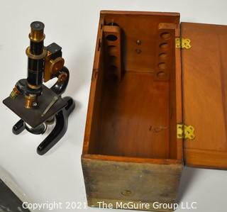 Vintage Brass Bausch & Lomb Microscope in Original Wooden Box.