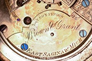 Size 18 - Hampden Watch Co - Brown and Grant, East Saginaw, MI -Serial# 259078 - 15J - 
Open Silver Coin Case 