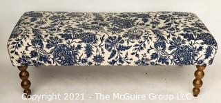 Blue & White Upholstered Bench with Spindle Legs.  Measures approximately 5' long. 