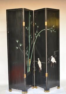 Asian Chinoiserie Four Panel Gold Leaf and Black Lacquer Screen Room Divider.  Each panel measures approximately 16" wide x 72"T