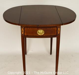 Councill Furniture Sheraton Style Pembroke Mahogany with Satinwood Inlay Drop-Leaf Side Table; 25"H and extends to 29"W with leaves up.