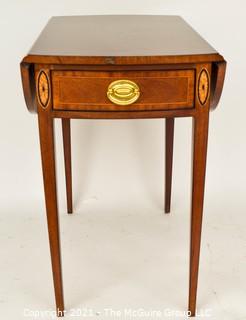 Councill Furniture Sheraton Style Pembroke Mahogany with Satinwood Inlay Drop-Leaf Side Table; 25"H and extends to 29"W with leaves up.