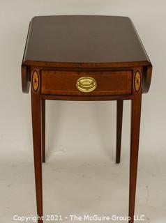 Councill Furniture Sheraton Style Pembroke Mahogany with Satinwood Inlay Drop-Leaf Side Table; 25"H and extends to 29"W with leaves up.