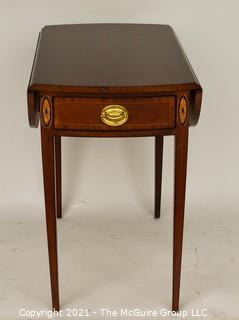 Councill Furniture Sheraton Style Pembroke Mahogany with Satinwood Inlay Drop-Leaf Side Table; 25"H and extends to 29"W with leaves up.