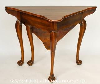 Queen Anne Handkerchief Triangular Gate Leg Corner Table with Paw Feet.  Measures approximately 27"  tall and 28" when open. 