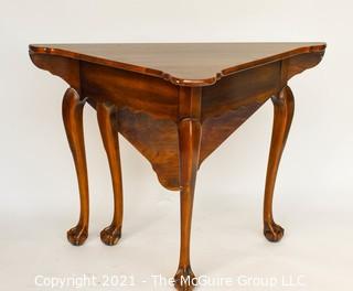 Queen Anne Handkerchief Triangular Gate Leg Corner Table with Paw Feet.  Measures approximately 27"  tall and 28" when open. 