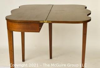 Mahogany Flip Top Gateleg with Satinwood Inlay Game Table; 25" square with leaves up.