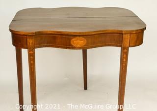 Mahogany Flip Top Gateleg with Satinwood Inlay Game Table; 25" square with leaves up.