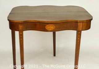 Mahogany Flip Top Gateleg with Satinwood Inlay Game Table; 25" square with leaves up.