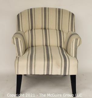 Blue and White Stripe Upholstered Wingback Chair 