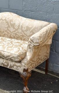 Beige and White Damask Upholstered Sofa. Measures approximately 77" wide 