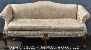 Beige and White Damask Upholstered Sofa. Measures approximately 77" wide 