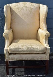 Yellow Damask Upholstered Wing Back Chair