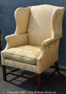 Yellow Damask Upholstered Wing Back Chair