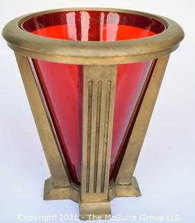 Architectural Conical Form Heavy Bronze Floor Stand with Red Glass Insert; 12" wide at top rim x 13" tall